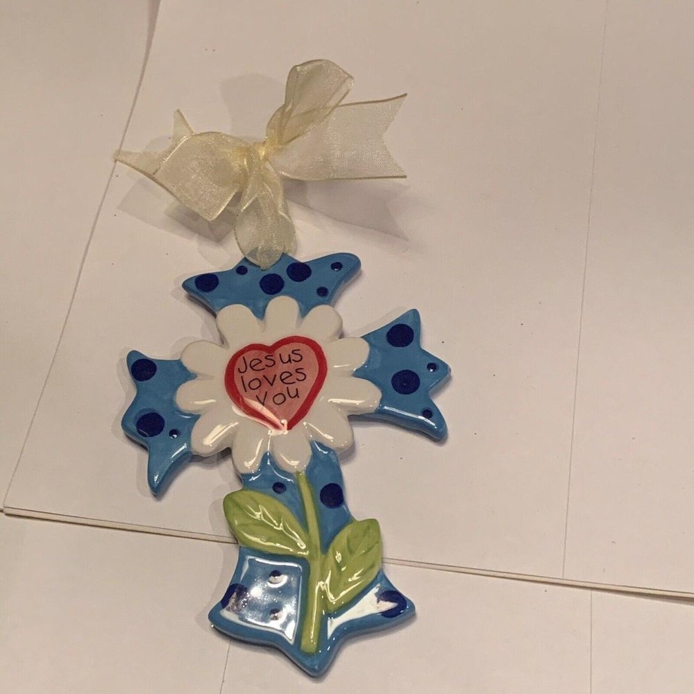 Jesus Loves You Hand Painted Blue Cross Ornament Easter Mother’s Day
